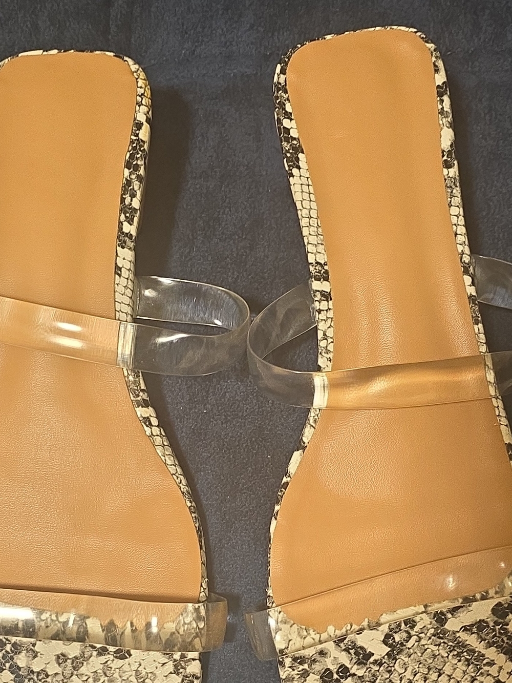 Clear Strap Snake-Print Slide Sandals - Tan